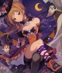3girls absurdres ankle_ribbon asymmetrical_legwear bare_shoulders bike_shorts black_socks blonde_hair blush breasts brooch brown_eyes brown_hair cleavage closed_mouth cloud cloudy_sky collar crescent crescent_moon crossed_legs detached_collar detached_sleeves dress earrings food frilled_collar frilled_dress frilled_sleeves frills ghost halloween hano9789 hat high_heels highres idolmaster idolmaster_million_live! idolmaster_million_live!_theater_days jewelry kitakami_reika kneehighs large_breasts leg_ribbon long_hair looking_at_viewer momose_rio moon multicolored_dress multiple_girls night nonohara_akane pudding purple_ribbon ribbon single_kneehigh single_sock sitting sky smile socks star_(sky) string_of_flags top_hat window witch_hat