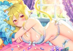 Rule 34 | 1girl, alternate costume, animal ears, bed sheet, blonde hair, blue bow, blue bra, blue nails, blue panties, blush, bow, bra, breasts, candy, cat ears, cat tail, cleavage, commentary request, curtains, day, fingernails, food, genshin impact, hair between eyes, highres, indoors, kemonomimi mode, lace, lace-trimmed bra, lace-trimmed panties, lace trim, large breasts, looking at viewer, lumine (genshin impact), lying, minatsuki alumi, nail polish, navel, on side, panties, pillow, short hair with long locks, solo, stomach, tail, thigh strap, underwear, window, yellow eyes