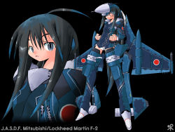 1girl ahoge aircraft airplane jet long_hair mecha_musume military mitsubishi_f-2 multiple_views original panties underwear yone88 yonezuka_ryou zipper