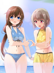 2girls bikini bikini_skirt blue_bikini blue_eyes blue_sky blush bodypaint bracelet breasts brown_hair bunji cleft_of_venus cloud completely_nude gluteal_fold hair_ornament hair_scrunchie heart heart_hands heart_hands_duo heart_hands_failure highres jewelry light_brown_hair long_hair looking_at_viewer looking_down love_live! love_live!_nijigasaki_high_school_idol_club medium_breasts multiple_girls nakasu_kasumi navel nipples nude open_mouth osaka_shizuku outdoors painted_clothes pearl_bracelet polka_dot polka_dot_bikini pussy red_eyes scrunchie short_hair sky standing swimsuit thumbs_up water yellow_bikini