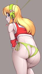 1girl absurdres android ass ass_cutout blonde_hair blue_eyes blush breasts butt_crack closed_mouth clothing_cutout curly_brace doukutsu_monogatari heart heart_cutout heart_pendant highres joints long_hair looking_at_viewer looking_back nickleflick panties robot_joints simple_background underwear