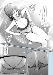 Rule 34 | 1girl, ass, bikini, breasts, butt crack, cleavage, dimples of venus, highres, large breasts, monochrome, original, ringoanu, side-tie bikini bottom, solo, swimsuit, tagme, translation request