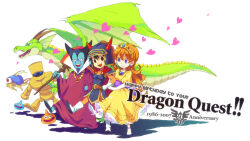 Rule 34 | 1girl, 2boys, arm around shoulder, arm hug, dragon lord, dragon quest, dragon quest i, dress, earrings, ebira, golem (dragon quest), green dragon (dragon quest), grin, happy birthday, heart, helmet, hero (dq1), holding, holding staff, jewelry, lunatick, multiple boys, open mouth, princess laura, purple robe, robe, she-slime, simple background, slime (dragon quest), smile, staff, tiara, white background, yellow dress