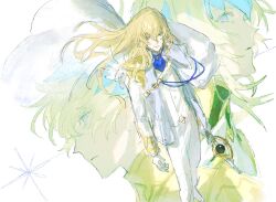 1girl 2boys arms_at_sides ascot blonde_hair blue_ascot brooch brother_and_sister cape castor_(fate) closed_mouth collar diadem fate/grand_order fate_(series) feathers formal_clothes frilled_sleeves frills gloves gold_trim grey_eyes hair_between_eyes highres holding holding_staff jacket jewelry kirschtaria_wodime light_smile long_hair long_sleeves looking_ahead looking_at_viewer looking_to_the_side metal_collar multiple_boys pants pollux_(fate) purple_eyes short_hair siblings simple_background sketch sleeve_cuffs staff standing suit twins uda_(xax_057) vest white_background white_cape white_feathers white_gloves white_jacket white_pants white_suit white_vest