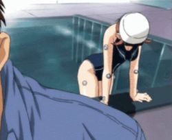 00s 1girl animated animated_gif anime_screenshot aoi_anna ass bare_legs bare_shoulders barefoot bouncing_breasts breasts competition_swimsuit goggles jiggle looking_at_another lowres lying medium_breasts one-piece_swimsuit saruwatari_goo shinkon_gattai_godannar!! smile sweat swimsuit water