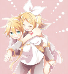 1boy 1girl :d ^_^ blonde_hair blush bow breast_pocket brother_and_sister closed_eyes detached_sleeves green_eyes grey_pants grey_sailor_collar grey_shorts grey_sleeves hair_bow headphones hug hug_from_behind kagamine_len kagamine_rin necktie open_mouth outline pants parted_bangs pink_background pocket sailor_collar sailor_collar_lift sailor_shirt shirt short_hair short_shorts short_sleeves shorts siblings sleeveless sleeveless_shirt smile standing suzumi_(fallxalice) sweatdrop vocaloid white_bow white_outline white_shirt yellow_necktie