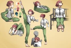 Rule 34 | 1girl, amputee, artist request, feet, flexible, highres, katawa shoujo, pants, red hair, short hair, standing, standing on one leg, tagme, tezuka rin