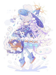 1girl :o animal_ear_fluff animal_ears ankle_boots blue_bow blue_bowtie blue_dress blue_eyes blue_footwear blue_headwear blue_pantyhose boots bow bowtie braid cat_ears cat_girl cat_tail cloud commentary dress from_side full_body hair_bow hair_ornament hairclip halo hat hat_ornament holding holding_suitcase lace lace-trimmed_dress lace_trim long_hair long_sleeves looking_at_viewer midair no_pupils open_mouth original pantyhose pastel_colors puffy_long_sleeves puffy_sleeves purple_hair side_braids simple_background sorata123 splashing star_(symbol) star_hair_ornament striped_bow striped_bowtie striped_clothes striped_dress suitcase tail tassel teruterubouzu vertical-striped_clothes vertical-striped_dress water water_drop wavy_hair white_background witch_hat