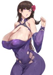 1girl absurdres bare_shoulders breasts brown_hair cleavage covered_erect_nipples detached_sleeves dress flower hair_flower hair_ornament highres holding holding_own_hair huge_breasts jinglan_(xiuxian:_mu_zhu_chuan) mature_female mousekkk official_art parted_lips purple_dress purple_eyes purple_lips sagging_breasts solo sweat upper_body white_background xiuxian:_mu_zhu_chuan