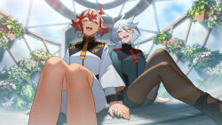 2girls :d ^_^ asticassia_school_uniform closed_eyes dark-skinned_female dark_skin end_card greenhouse grey_hair gundam gundam_suisei_no_majo hair_between_eyes holding_hands long_hair long_sleeves miorine_rembran mogumo multiple_girls official_art open_mouth pantyhose plant potted_plant red_hair school_uniform shoulder_boards smile suletta_mercury yuri