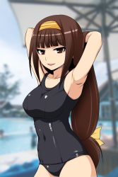 1girl ajimu_najimi armpits arms_behind_head bow breasts brown_eyes brown_hair diisuke female_focus hairband large_breasts long_hair looking_at_viewer medaka_box one-piece_swimsuit open_mouth school_swimsuit smile solo swimsuit yellow_bow