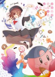 !? 1girl 1up :d ;d arm_up ascot backwards_hat baseball_cap black_footwear black_hat black_skirt blue_hat blush_stickers brown_hair brown_pantyhose candy commentary_request crossover donut facial_hair food hat heart jumping kirby kirby_(series) lollipop mustache natsuki_(ukiwakudasai) nintendo one_eye_closed onigiri open_mouth paint_can paint_kirby paint_tube paintbrush pantyhose polka_dot polka_dot_background rainbow_order shirt shoes short_hair skirt smile star_(symbol) swirl_lollipop touhou usami_renko waddle_dee white_background white_shirt