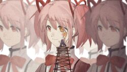 6+girls akemi_homura back_bow black_hair black_skirt bow bowtie chinese_commentary clone closed_mouth collared_shirt commentary_request faceless faceless_female film_grain forever9_(user_jwem4753) from_behind hair_bow hair_ribbon happy heterochromia high_collar holding juliet_sleeves kaname_madoka long_hair long_sleeves mahou_shoujo_madoka_magica mini_person minigirl miniskirt mitakihara_school_uniform multiple_girls on_stool pink_eyes pink_hair pleated_skirt puffy_sleeves red_bow red_bowtie red_ribbon ribbon school_uniform shirt short_hair sitting skirt smile tareme upper_body very_long_hair white_background yellow_bow yellow_eyes yellow_shirt