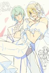 1girl 4boys bara bare_shoulders bead_necklace beads blonde_hair blue_eyes blush bridal_veil bride male_byleth_(enlightened)_(fire_emblem) male_byleth_(fire_emblem) carrying collarbone commentary couple crossdressing dimitri_alexandre_blaiddyd dress eyepatch felix_hugo_fraldarius fire_emblem fire_emblem:_three_houses flower frilled_dress frilled_gloves frills gloves green_eyes green_hair hair_between_eyes hair_flower hair_ornament hands_up highres jacket jewelry long_dress looking_at_another male_bride male_focus medium_hair multiple_boys necklace necktie nintendo one_eye_covered open_mouth own_hands_clasped pants pectoral_cleavage pectorals princess_carry scar scar_on_arm scar_on_chest scar_on_pecs shirt short_hair simple_background smile sothis_(fire_emblem) strapless strapless_dress sweatdrop sylvain_jose_gautier veil vest wa_fe wedding wedding_dress white_background white_dress white_gloves white_jacket white_pants white_shirt white_vest yaoi