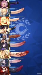 6+futa absurdres ahoge animal_penis artist_name artoria_pendragon_(fate) ball_bra black_hair blonde_hair caenis_(fate) character_name chart comparison dark-skinned_female dark_skin erection fate/grand_order fate_(series) futanari green_eyes grey_hair hair_over_one_eye highres horns huge_penis ibaraki_douji_(fate) ishtar_(fate) jeanne_d&#039;arc_(fate) knotted_penis kushishekku large_penis long_hair long_image looking_at_viewer mash_kyrielight medium_penis minamoto_no_raikou_(fate) mordred_(fate) multiple_futa multiple_girls penis penis_chart penis_comparison penis_ornament penis_size_comparison pink_hair purple_eyes short_hair shuten_douji_(fate) small_penis testicles uncensored veins veiny_penis yellow_eyes