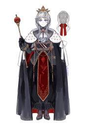 aged_up asha_in_erinn boots cloak crown eremon_(mabinogi) grey_hair long_skirt mabinogi purple_eyes queen skirt standing wand