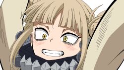 Rule 34 | 1girl, arms up, blonde hair, blunt bangs, blush, boku no hero academia, cardigan, close-up, double bun, fangs, hair bun, highres, long sleeves, messy hair, narrowed eyes, quelcom, school uniform, short hair, sidelocks, smile, solo, teeth, toga himiko, u.a. school uniform, white background, yellow cardigan, yellow eyes
