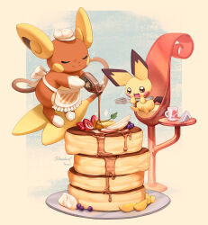 Rule 34 | absurdres, alolan form, alolan raichu, apron, berry, bottle, chair, commentary request, cup, food, gen 2 pokemon, gen 7 pokemon, hat, highres, hoishere7, holding, holding bottle, nintendo, no humans, pancake, pichu, plate, pokemon, pokemon (creature), pokemon focus, pouring, sitting, sliced fruit, syrup, waist apron