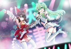 2girls absurdres adapted_costume ahoge alternate_costume ascot ass blush boots bow breast_curtain breasts brown_eyes brown_hair chest_sarashi closed_mouth commentary_request detached_sleeves frilled_bow frilled_hair_tubes frills frog_hair_ornament glowstick green_eyes green_hair guitar hair_bow hair_ornament hair_tubes hakurei_reimu high_heel_boots high_heels highres holding holding_guitar holding_instrument holding_microphone holding_plectrum ichinoyalab instrument kochiya_sanae long_hair looking_at_viewer microphone multiple_girls open_mouth plectrum red_bow red_skirt ribbon-trimmed_sleeves ribbon_trim sarashi sideboob single_hair_tube skirt smile snake_hair_ornament sparkle stage stage_lights star_(symbol) thigh_boots touhou translation_request very_long_hair white_boots yellow_ascot