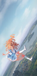 Rule 34 | 1girl, absurdres, alice (alice in wonderland), alice&#039;s adventures in wonderland, alphonse (white datura), blonde hair, blue dress, boots, closed eyes, dress, frilled dress, frills, highres, long hair, original, sky, solo, white boots