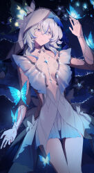 1girl absurdres airseal blue_butterfly bug butterfly center_opening chinese_commentary collar colored_eyelashes commentary_request cowboy_shot dress hand_up highres insect lying on_back parted_lips shorekeeper_(wuthering_waves) solo tacet_mark_(wuthering_waves) veil white_dress wuthering_waves