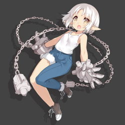 1girl asymmetrical_legwear blush bright_pupils brown_eyes chain elf female_focus full_body gauntlets heibai_wushuang open_mouth pointy_ears saru short_hair simple_background sleeveless solo uneven_legwear white_hair yan_liang_(xiao_bai)