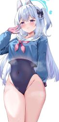 1girl blue_archive blue_halo braid calin covered_navel gloves halo highres long_hair looking_at_viewer miyako_(blue_archive) miyako_(swimsuit)_(blue_archive) one-piece_swimsuit purple_eyes solo swimsuit thighs white_background white_hair