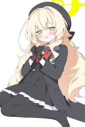 1girl absurdres aikumofuwari beret black_coat black_gloves black_hat black_pantyhose black_sailor_collar black_serafuku blonde_hair blue_archive blush bound bound_wrists bow bowtie coat commentary fluffy_hair gloves green_eyes hair_between_eyes halo hat highres long_hair long_sleeves looking_at_viewer no_shoes open_clothes open_coat open_mouth pantyhose professor_niyaniya_(blue_archive) red_bow red_bowtie sailor_collar school_uniform serafuku shirt side_ahoge simple_background sitting skirt smile solo very_long_hair wariza white_background yellow_halo