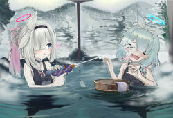 &gt;_&lt; 2girls absurdres alternate_hairstyle arona_(blue_archive) black_choker black_hairband black_one-piece_swimsuit blue_archive blue_eyes blue_hair blue_halo blush braid braided_ponytail breasts bucket choker closed_eyes colored_inner_hair commentary_request grey_hair hair_over_one_eye hair_ribbon hairband halo haoma highres holding holding_water_gun kneeling light_blue_hair long_bangs multicolored_hair multiple_girls one-piece_swimsuit onsen open_mouth parted_lips partially_submerged pink_hair plana_(blue_archive) ponytail red_halo ribbon short_hair side_braid small_breasts swimsuit teeth upper_teeth_only water_gun white_choker white_hairband white_ribbon winter wooden_bucket