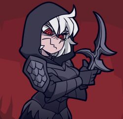 Rule 34 | 1girl, armor, black gloves, black knife (elden ring), black knife tiche, closed mouth, commentary, crossed arms, crossover, elden ring, english commentary, gloves, helltaker, highres, holding, holding knife, holding weapon, hood, hood up, knife, parody, pauldrons, red background, red eyes, shi ling yu, short hair, shoulder armor, simple background, solo, style parody, vanripper (style), weapon, white hair