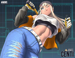 1girl ;q black_hat black_jacket black_sports_bra blonde_hair blue_background blue_pants breasts centi_(nikke) character_name commentary commentary_request commission copyright_name cowboy_shot crop_top crop_top_overhang cropped_shirt denim english_commentary from_below gloves goddess_of_victory:_nikke grey_eyes hammer hat holding holding_hammer holding_nail jacket jeans large_breasts long_hair long_sleeves midriff mixed-language_commentary nail_(hardware) navel one_eye_closed open_clothes open_jacket orange_jacket pants shirt solo sports_bra substance20 tongue tongue_out torn_clothes torn_jeans torn_pants two-sided_fabric two-sided_jacket white_gloves white_shirt