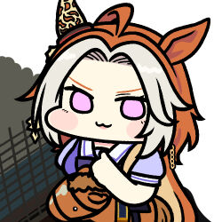 Rule 34 | 1girl, :3, ahoge, animal ears, bow, bowtie, chibi, commentary, ear covers, hair ornament, holding, holding stuffed toy, horse ears, horse girl, horseshoe ornament, jazz jack, long hair, lowres, multicolored hair, orange hair, orfevre (racehorse), orfevre (umamusume), photo-referenced, pink eyes, puffy short sleeves, puffy sleeves, purple bow, purple bowtie, purple serafuku, purple shirt, sailor collar, sailor shirt, school uniform, serafuku, shirt, short sleeves, single ear cover, solo, stuffed toy, tracen school uniform, two-tone hair, umamusume, white hair