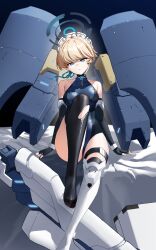 1girl absurdres black_gloves black_thighhighs blonde_hair blue_archive blue_eyes blue_halo blue_leotard elbow_gloves fingerless_gloves gloves halo highres leotard looking_at_viewer parted_lips porcelainsphere single_thighhigh sitting solo teeth thighhighs toki_(blue_archive) torn_clothes torn_thighhighs white_headdress