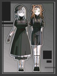 Rule 34 | 2girls, arms behind back, black dress, black footwear, black hairband, black headwear, black shirt, closed mouth, collared shirt, commentary, dress, expressionless, gloves, green eyes, grey background, grey eyes, grey gloves, grey hair, grey socks, hair bun, hairband, highres, ligne claire, looking at viewer, multiple girls, orange hair, reverse:1999, shirt, short sleeves, shorts, single side bun, socks, sonetto (reverse:1999), striped clothes, striped shorts, suspender shorts, suspenders, symbol-only commentary, two side up, vertin (reverse:1999), zhizhizi