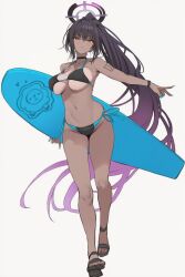 Rule 34 | 1girl, bikini, black bikini, blue archive, blue bikini, blue nails, breasts, dark skin, halo, highres, karin (blue archive), large breasts, long hair, multicolored bikini, navel, number tattoo, ponytail, preview (preview0), purple hair, purple halo, sandals, side-tie bikini bottom, solo, surfboard, swimsuit, tattoo, two-tone bikini, yellow eyes