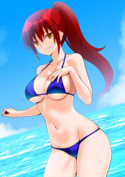 1girl bare_arms bare_legs bare_shoulders bikini blue_bikini blue_sky breasts collarbone commission day engo_(aquawatery) full_body hair_between_eyes hand_on_own_chest high_ponytail highres large_breasts long_hair looking_at_viewer navel ocean off_shoulder original outdoors pixiv_commission ponytail sky smile solo standing swimsuit thighs yellow_eyes