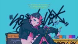 1girl amplifier black_hair black_jacket black_pants blue_eyes blush breasts chain closed_mouth commentary_request cropped_jacket cross-laced_pants demon_girl demon_horns ear_chain ear_piercing english_text engrish_text feet_out_of_frame highres holding holding_microphone horns jacket linked_piercing long_sleeves looking_at_viewer medium_breasts microphone multicolored_hair najuco_(naju0517) nanashi_inc. open_clothes open_jacket pants piercing pointy_ears ranguage red_hair red_pants ryugasaki_rene ryugasaki_rene_(1st_costume) short_hair sitting smile solo spray_can spray_paint sugar_lyric two-tone_hair two-tone_pants underboob virtual_youtuber zipper