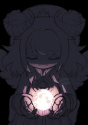 1girl amaryllis_gumi arm_warmers closed_eyes closed_mouth cowboy_shot cupping_hands demon_girl dress facing_viewer feral_lemma flower greyscale hair_flower hair_ornament hands_up highres horns long_hair miniature monochrome moon object_floating_above_hand own_hands_together pink_moon rose simple_background sleeveless sleeveless_dress solo spot_color standing straight-on underlighting virtual_youtuber wings yotsutsuji_mayoi