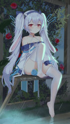 1girl arbor armpit_crease artist_name azur_lane bare_shoulders blue_flower blue_rose breasts chinese_commentary choker cleavage closed_mouth collarbone commentary_request crossed_bangs dated dot_mouth feet flower grass hair_between_eyes halterneck highres laffey_(azur_lane) laffey_ii_(azur_lane) leg_up long_hair looking_at_viewer outdoors rain red_eyes red_flower red_rose ribbon_choker rose sitting small_breasts solo symbol-shaped_pupils thighhighs toes twintails very_long_hair white_choker white_hair white_thighhighs xiao_shi_lullaby