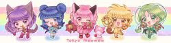 5girls :3 aizawa_mint animal_ears blonde_hair blue_hair cat_ears cat_girl fong_pudding fujiwara_zakuro green_hair highres holding holding_weapon long_image magical_girl mew_ichigo mew_lettuce mew_mint mew_pudding mew_zakuro midorikawa_lettuce momomiya_ichigo monkey_ears monkey_girl monkey_tail multiple_girls pink_hair purple_hair suruga_kanade tail tokyo_mew_mew weapon wide_image wolf_ears wolf_girl wolf_tail