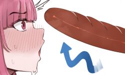 1girl arrow_(symbol) blush commentary english_commentary food highres hololive hololive_english meat mori_calliope mr_thecatman nose_blush open_mouth pink_eyes pink_hair sausage simple_background solo sweat virtual_youtuber white_background
