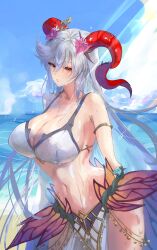 1girl armlet bikini blue_hair breasts cleavage curled_horns fire_emblem fire_emblem_heroes flower freyja_(fire_emblem) freyja_(summer)_(fire_emblem) goat_horns gold_armlet grey_hair hair_flower hair_ornament highres horns jewelry large_breasts large_horns long_hair looking_at_viewer multicolored_hair nanashi_kuno navel nintendo official_alternate_costume red_eyes red_horns solo swimsuit white_bikini