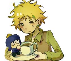 2boys apron blonde_hair brown_apron chibi craig_tucker cup green_eyes green_shirt holding holding_plate looking_at_viewer male_focus mini_person miniboy mug multiple_boys one_eye_closed plate shirt short_hair simple_background south_park tweek_tweak upper_body white_background xianning233