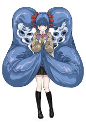 1girl black_shoes black_skirt black_socks blue_eyes blue_hair blush brown_sweater closed_mouth collared_shirt commentary_request cover_image full_body hair_ornament hair_scrunchie highres holding holding_own_hair kneehighs loafers long_hair long_sleeves looking_at_viewer megame_(okbnkn) mizudako-chan_(okbnkn) mizudako-chan_kara_wa_nigerarenai! monster_girl neck_ribbon official_art red_ribbon ribbon ringed_eyes school_uniform scrunchie second-party_source shirt shoes simple_background skirt smile socks solo standing suction_cups sweater tentacle_hair tentacles twintails very_long_hair white_background white_shirt