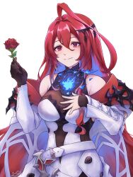 1girl ahoge black_gloves blue_fire blue_hair breasts closed_mouth colored_inner_hair commentary cross-laced_clothes cross-laced_sleeves dress elizabeth_rose_bloodflame elizabeth_rose_bloodflame_(1st_costume) fire flower gloves hair_between_eyes halterneck highres holding holding_flower hololive hololive_english huge_ahoge jacket large_breasts looking_at_viewer multicolored_hair open_clothes open_jacket pixelnayt red_eyes red_hair rose simple_background single_glove smile virtual_youtuber white_background white_dress white_jacket white_sleeves