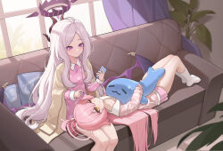 2girls absurdres ahoge blue_archive closed_mouth coat coat_on_shoulders commentary_request demon_girl demon_horns demon_wings full_body grey_hair hair_flowing_over halo highres hina_(blue_archive) horns hoshino_(blue_archive) knees_up lap_pillow long_hair low_wings lying multiple_girls multiple_horns no_shoes on_back one_eye_closed pajamas pink_hair pink_halo pink_pajamas pink_shorts polka_dot polka_dot_pajamas purple_eyes shirt shorts sidelocks sleepwear smile socks white_socks wings wish-tf yellow_eyes