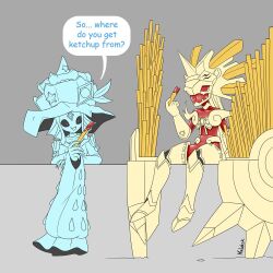 2girls amaterasumon ariemon armor bodysuit chest_bow choker clawed_gauntlets colored_skin conch digimon digimon_(creature) eating fake_horns fins food forehead_jewel french_fries gloves hat head_fins helmet holding holding_food horned_helmet horns ketchup long_sleeves multiple_girls open_mouth red_bodysuit shell sitting sleeves_past_fingers sleeves_past_wrists speech_bubble water_drop yanasunqu