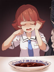 Rule 34 | 2girls, apron, black dress, blue necktie, brown hair, character request, check character, closed eyes, collared shirt, crying, dress, facing viewer, flipped hair, food, food request, frilled apron, frills, idolmaster, idolmaster million live!, multiple girls, necktie, nonohara akane, open mouth, plate, shirt, short sleeves, solo focus, tears, uccow, upper body, white apron, white shirt