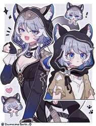 ! &gt;_&lt; 1girl animal_ear_fluff animal_ears animal_hood black_gloves black_leotard blue_eyes breasts cat_ears cat_girl cat_hood cat_tail cipher_(honkai:_star_rail) cleavage commentary_request fingerless_gloves gloves grey_hair head_only highres honkai:_star_rail honkai_(series) hood leotard medium_breasts mole mole_on_breast multiple_views omuyan open_mouth paw_pose rags short_hair short_hair_with_long_locks tail yellow_nails