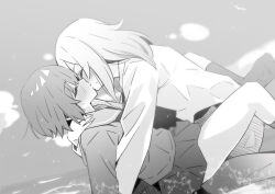 2girls blush closed_eyes commentary greyscale kiss kouzuki_mahiru long_hair long_sleeves lwmina70119 monochrome multiple_girls no_shoes pleated_skirt sailor_collar school_uniform serafuku short_hair skirt socks sweatdrop yamanouchi_kano yoru_no_kurage_wa_oyogenai yuri